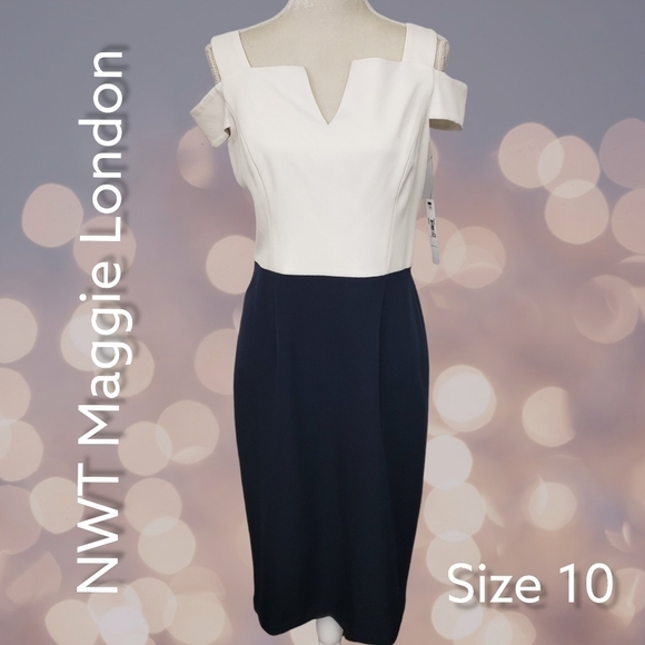 Maggie London NWT 10 Cream&Navy Dropped Shoulder Notched Neckline Classy! - Picture 16 of 16